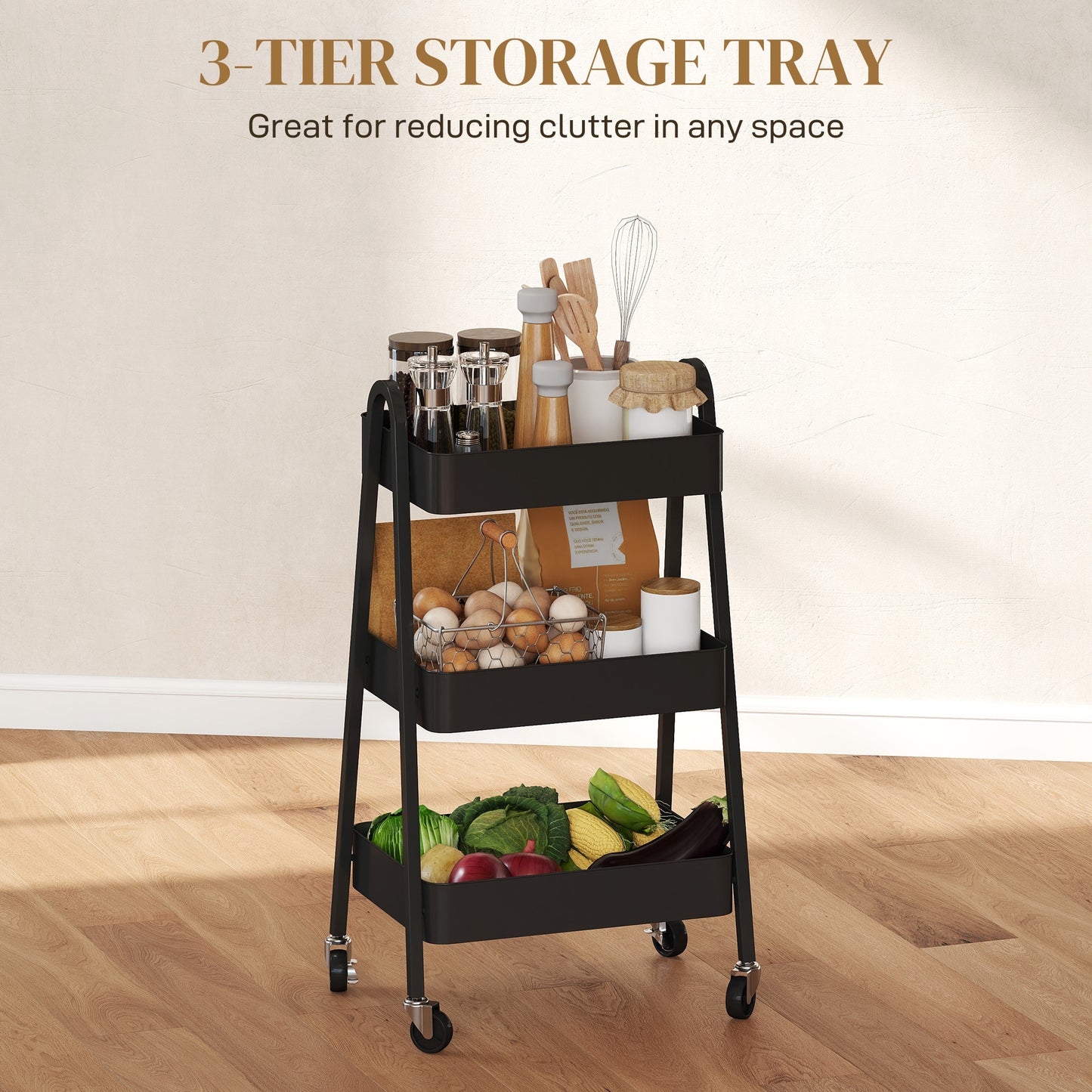 Fidovi Metal Black 3 Tier Storage Trolley With Wheels