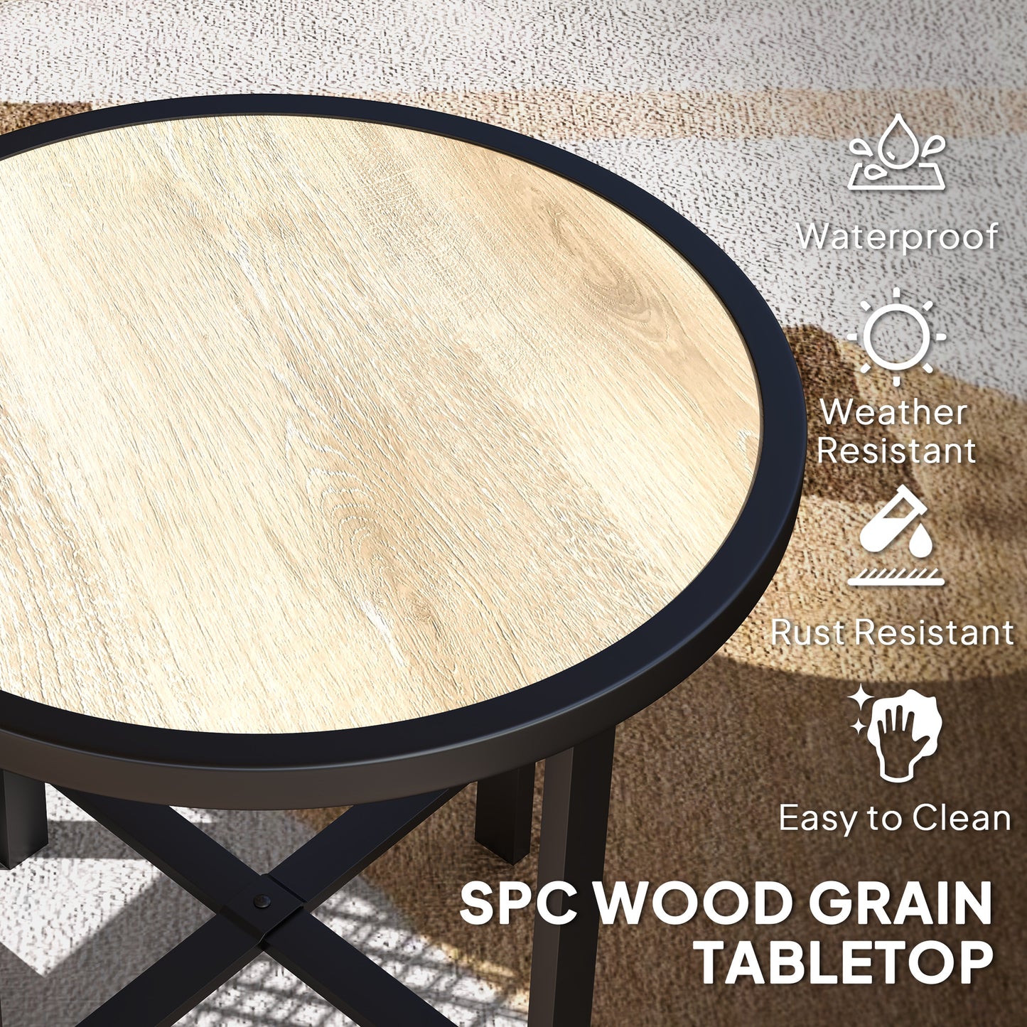 Moreve Black and Natural Wood Effect Round Outdoor Side Table With Steel Frame