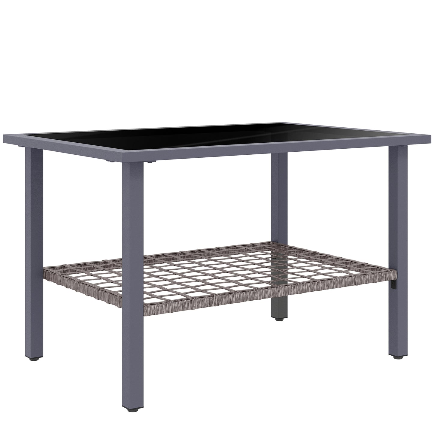 Revano Grey Rattan Outdoor Coffee Table With Tempered Glass Top and Lower Shelf
