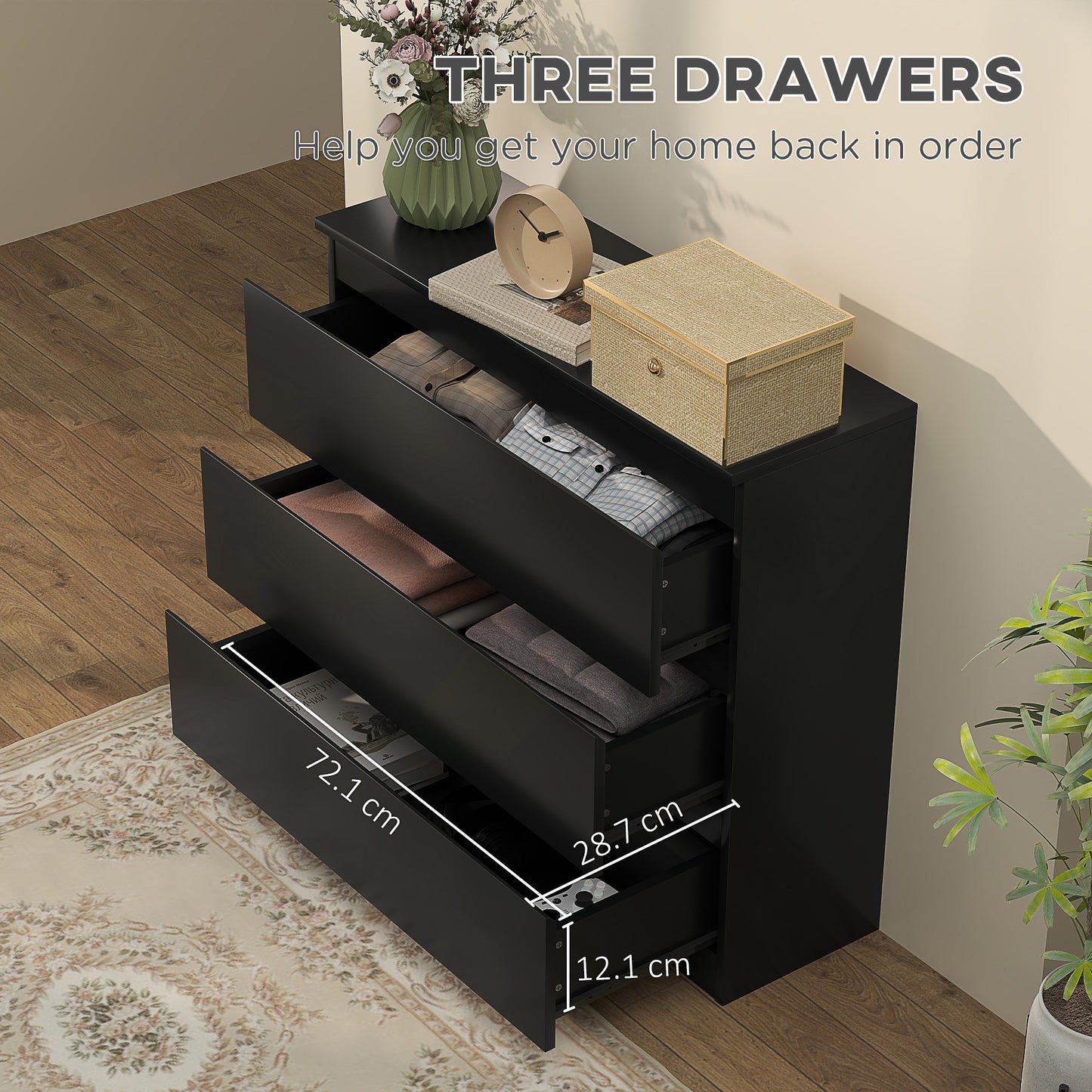 Rakami Wooden Black 3 Drawer Storage Chest