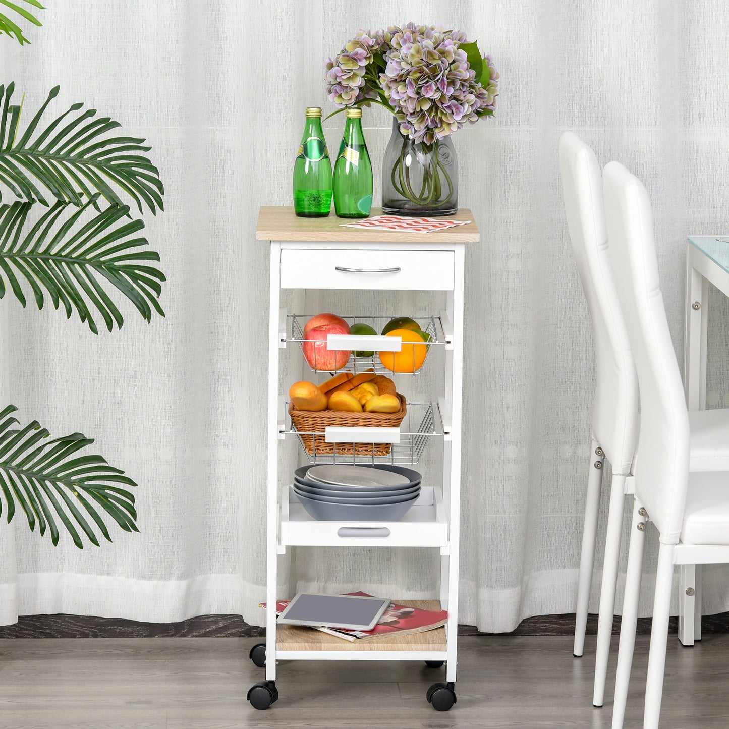 Dini Wooden White Mobile Kitchen Trolley With Baskets Shelves And Wheels