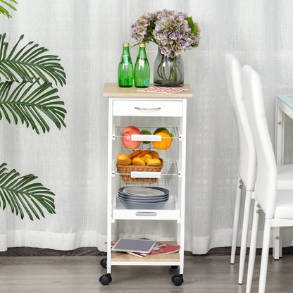 Dini Wooden White Mobile Kitchen Trolley With Baskets Shelves And Wheels