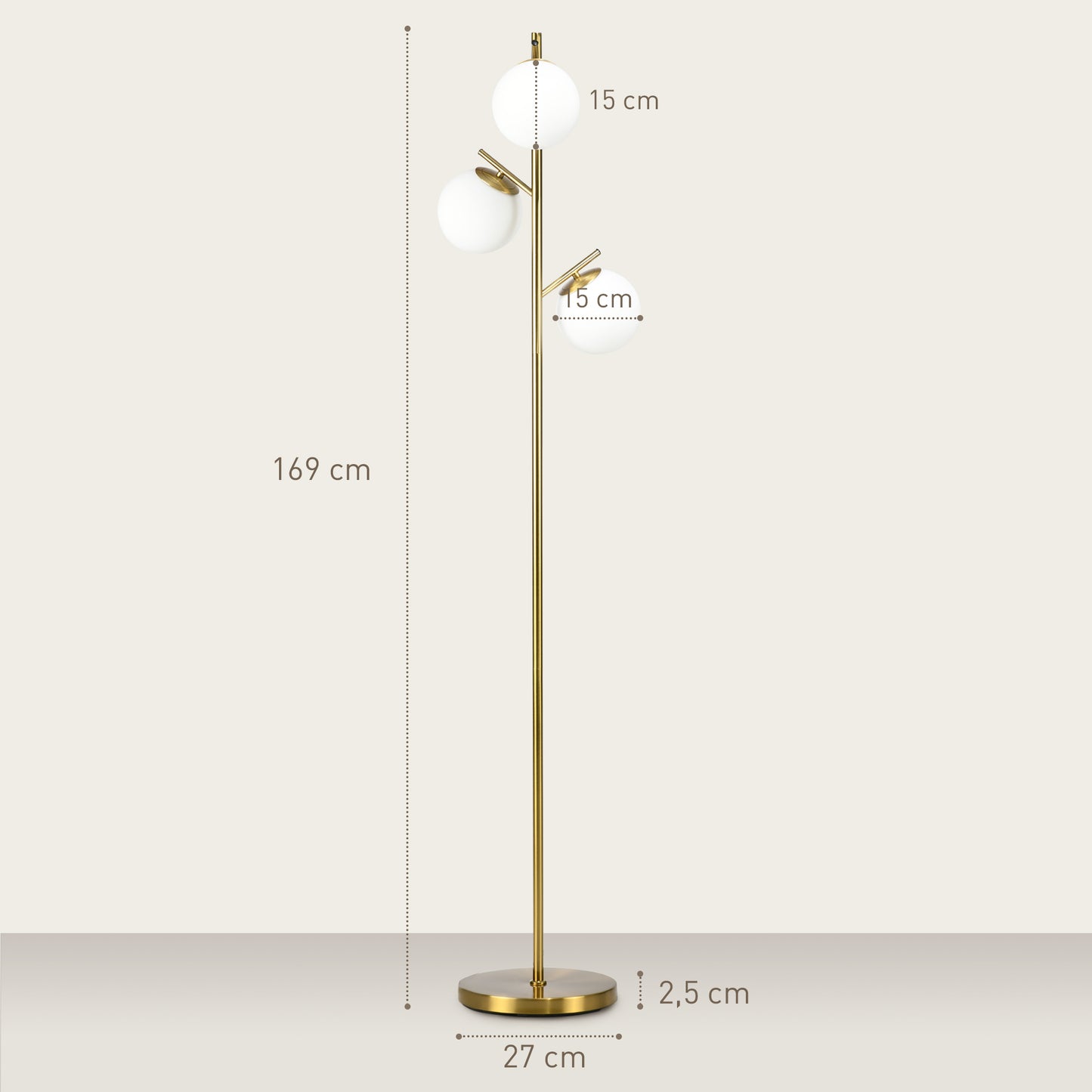Lidi Metal Gold Tone 3 Light Tree Floor Lamp With Globe Shades Adjustable Colour Light