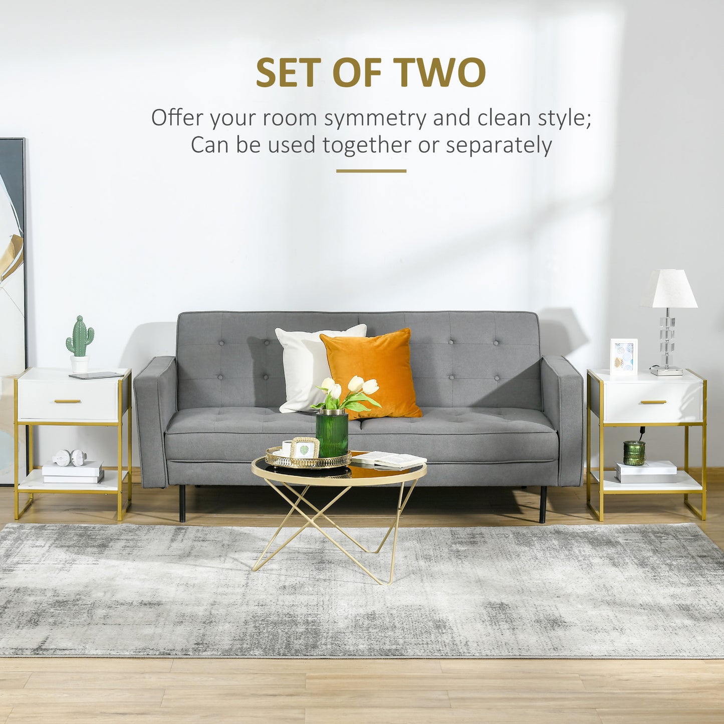 Niva White And Gold Set Of 2 Modern Bedside Tables With Drawer And Shelf