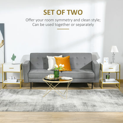 Niva White And Gold Set Of 2 Modern Bedside Tables With Drawer And Shelf