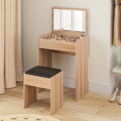 Nolena Natural Wood Vanity Desk With Flip Mirror Cushioned Stool And Storage