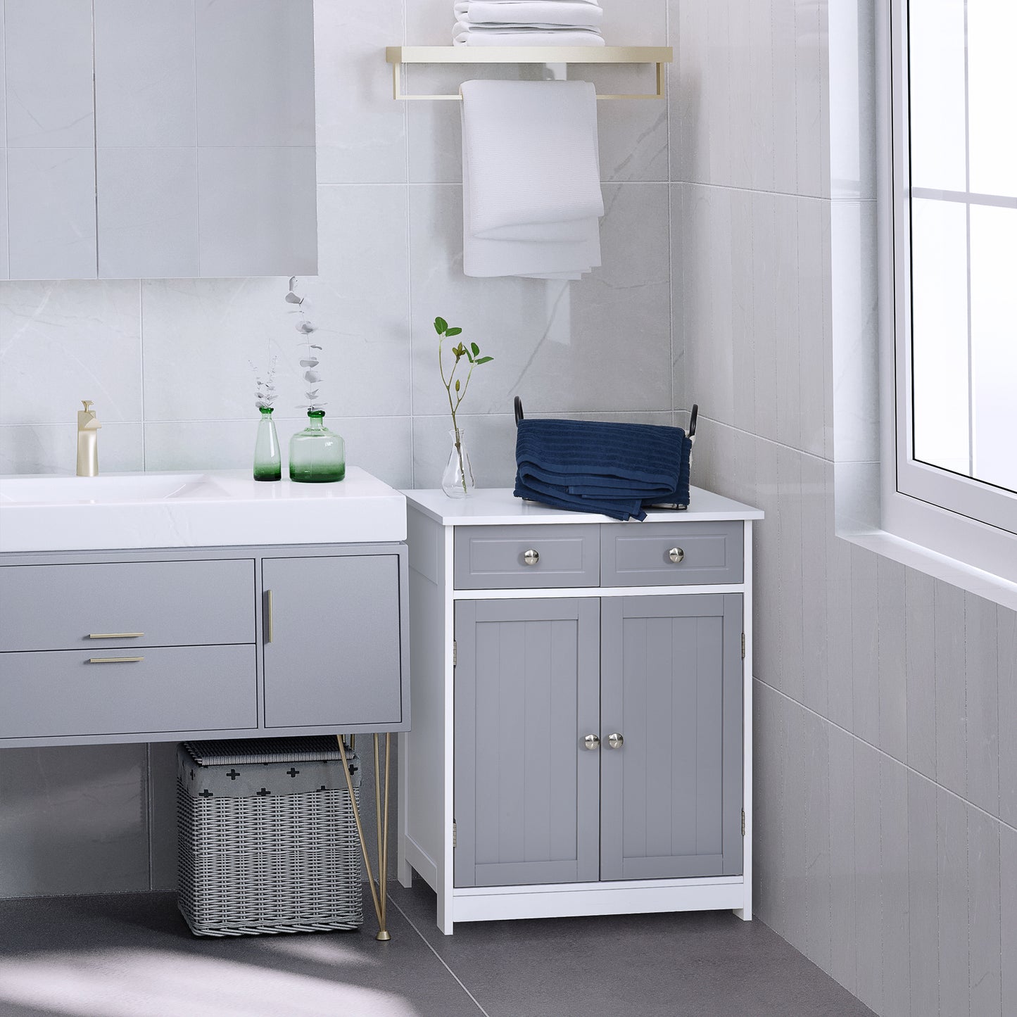 Lufili Freestanding Bathroom Storage Unit With 2 Drawers And Cupboard Traditional Style Grey And White
