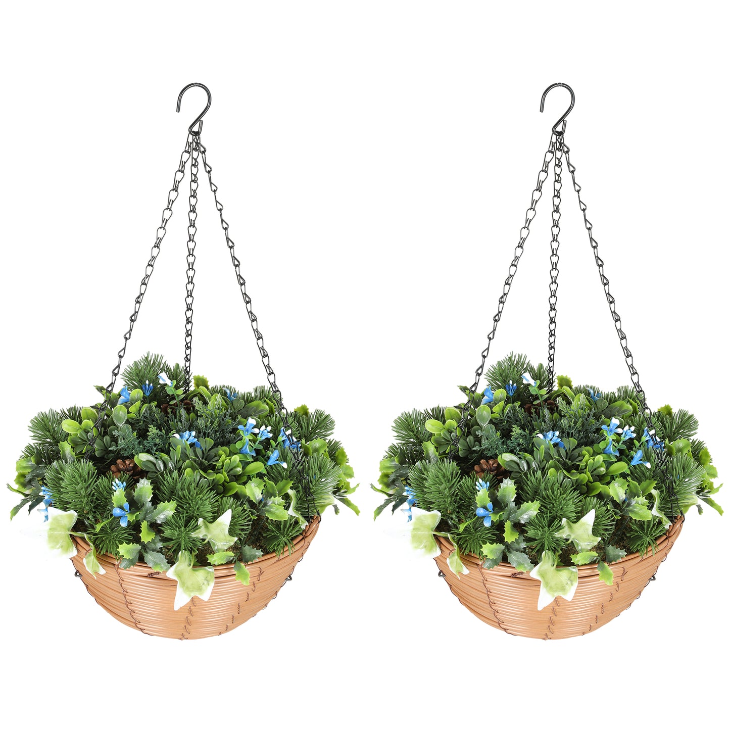 Kabane Set Of 2 Hanging Artificial Lisianthus Floral Baskets With Pinecone Detail Green