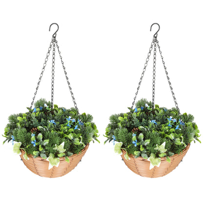 Kabane Set Of 2 Hanging Artificial Lisianthus Floral Baskets With Pinecone Detail Green