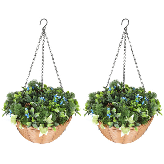 Kabane Set Of 2 Hanging Artificial Lisianthus Floral Baskets With Pinecone Detail Green
