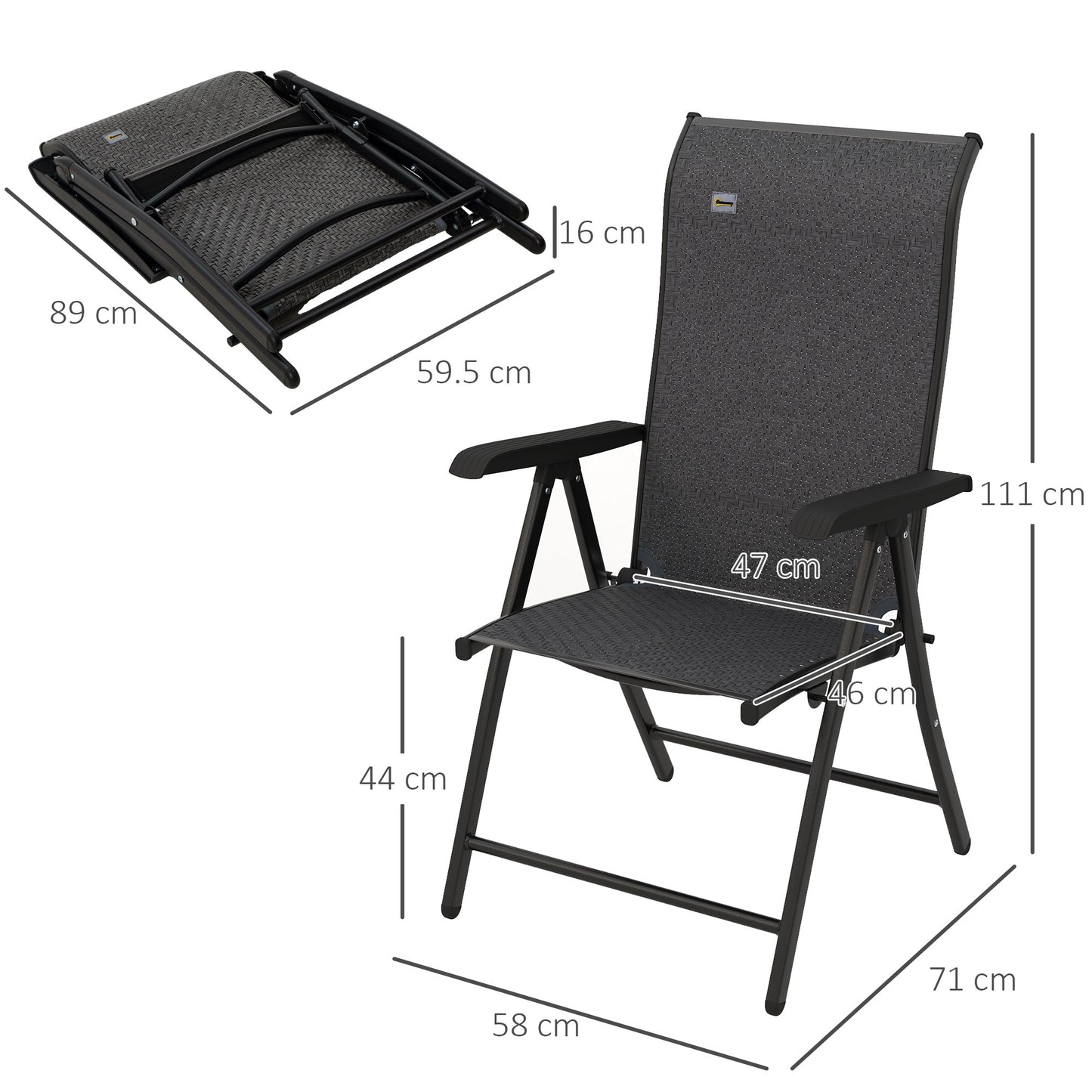 Lecore Set Of 2 Metal Grey Folding Garden Chairs With 7 Position Reclining Backs