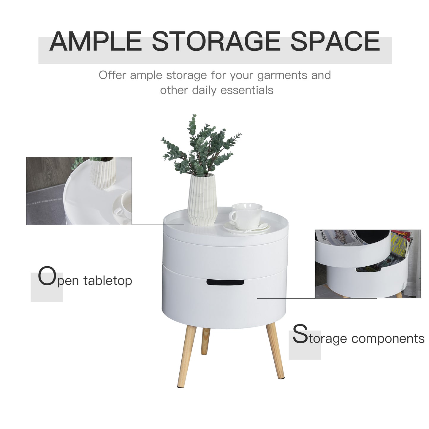 Rivizi Wooden White Round 3 Tier End Table With Hidden Storage Compartments