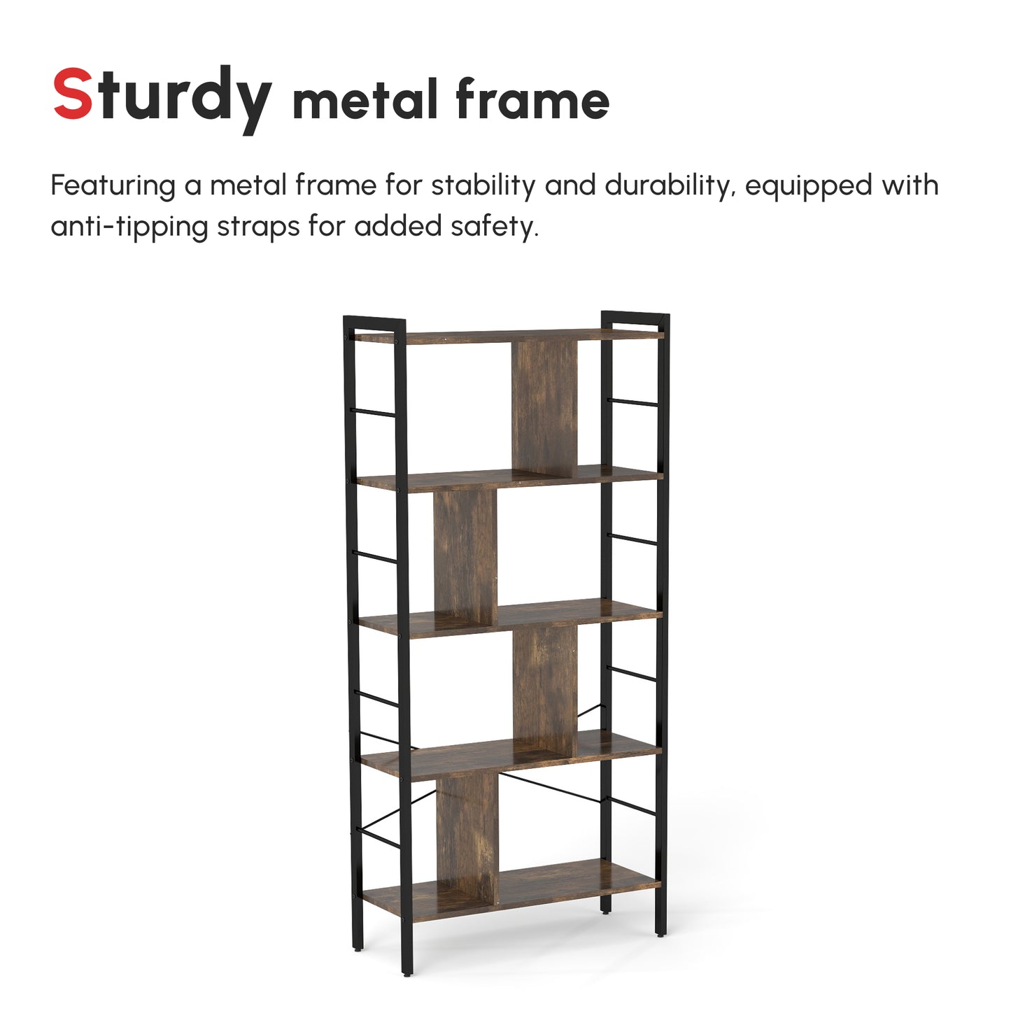 Nofa Luno Metal And Wood Rustic Brown And Black 5 Tier Industrial OFauxn Shelf Bookcase