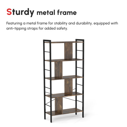 Nofa Luno Metal And Wood Rustic Brown And Black 5 Tier Industrial OFauxn Shelf Bookcase