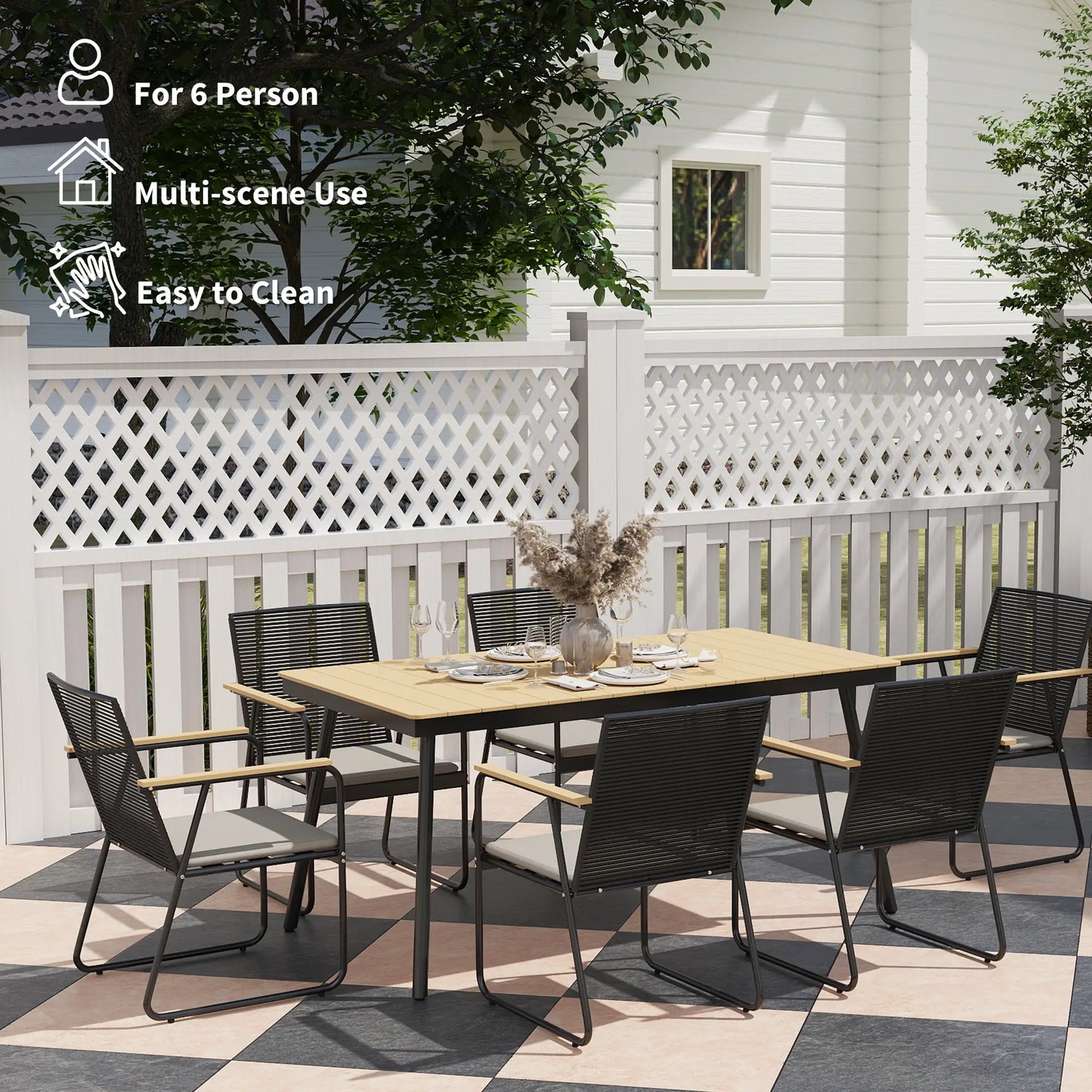 Karutte 6 Seater Garden Dining Set featuring Soft Cushions Rattan Backrest Rectangular Plastic Top Garden Furniture Set Outdoor Dining Table & Chairs for Patio Balcony Poolside Nature Wood Finish