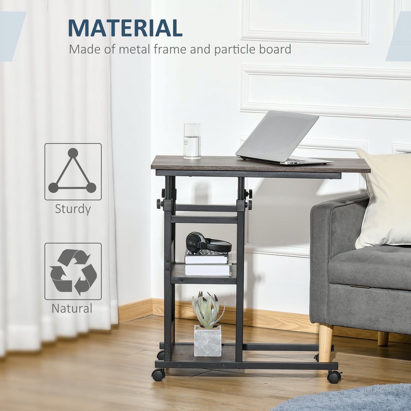 Comiro Metal Black Industrial Sofa Side Table With 3 Tier Shelves with Lockable Wheels