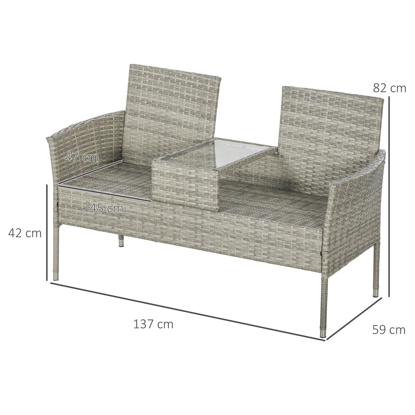 Vama Faux Rattan Light Grey 2 Seat Garden Chair With Integrated Coffee Table