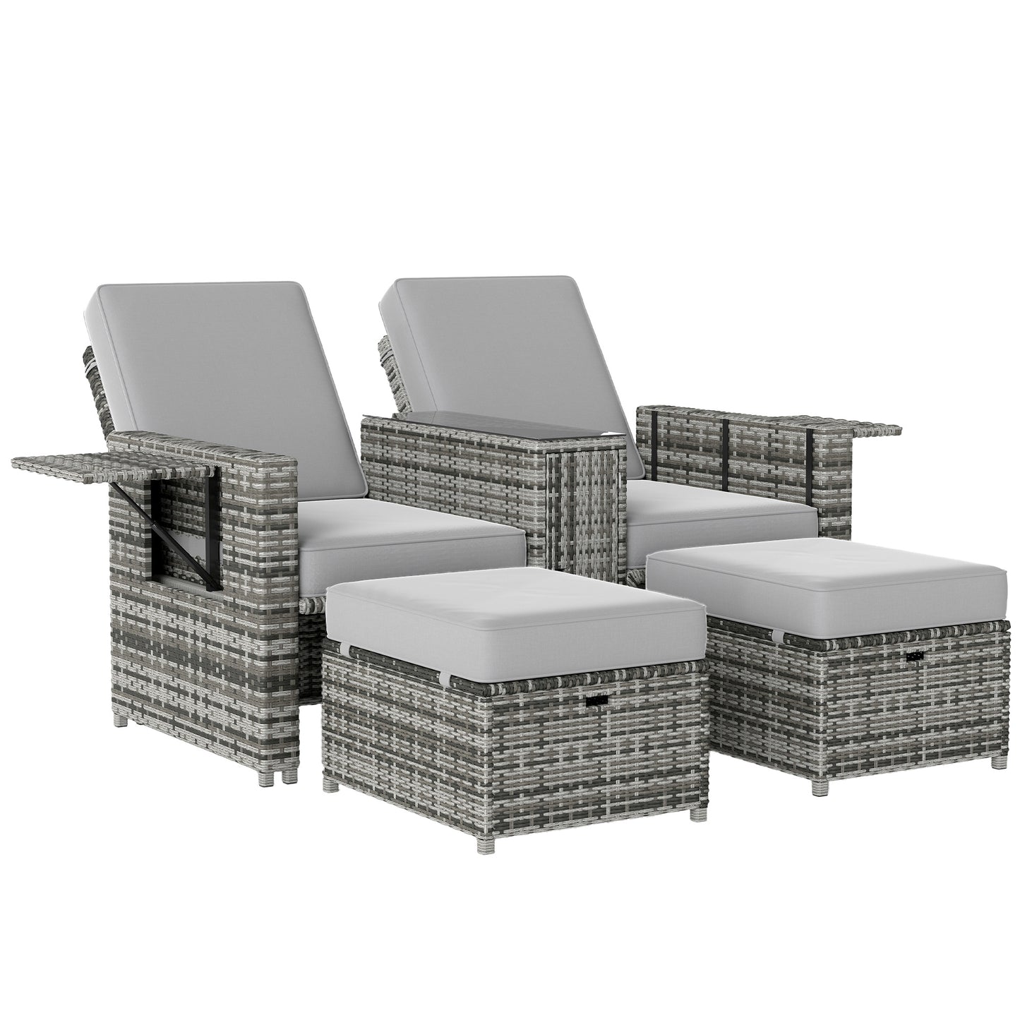 Saelmo Grey Rattan Sun Lounger Set With Storage Tea Table And Footstools