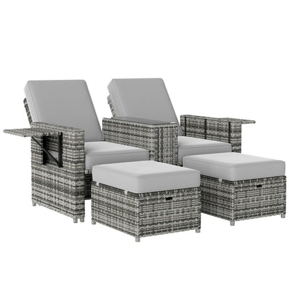 Saelmo Grey Rattan Sun Lounger Set With Storage Tea Table And Footstools