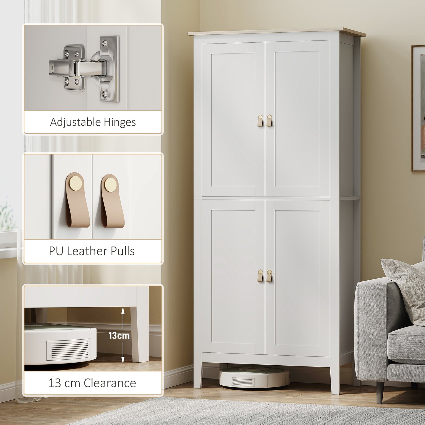 Kaha Wooden White Tall Pantry Cabinet With Motion Sensor LED Lighting 176.5 cm