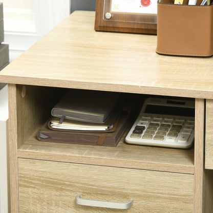 Yodino 110cm Oak Finish Home Office Desk With 5 Drawers And Side Shelving