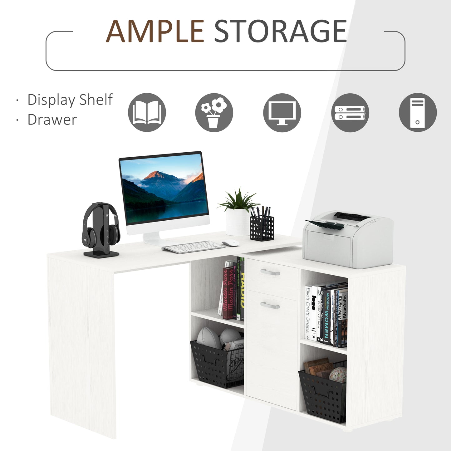 Ravettu 120cmWooden White L Shaped Corner Desk With Storage Compartments Drawer And Cabinet