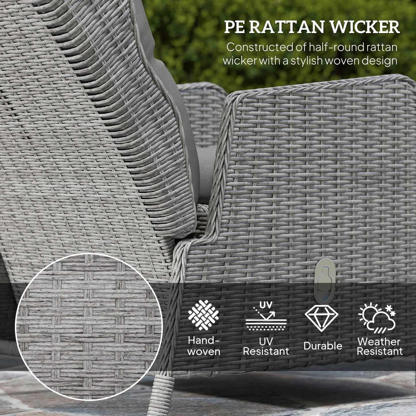 Kenolo Rattan Light Grey 5 Piece Reclining Bistro Furniture Set with Tufted Cushions Glass Top Table and Footstools
