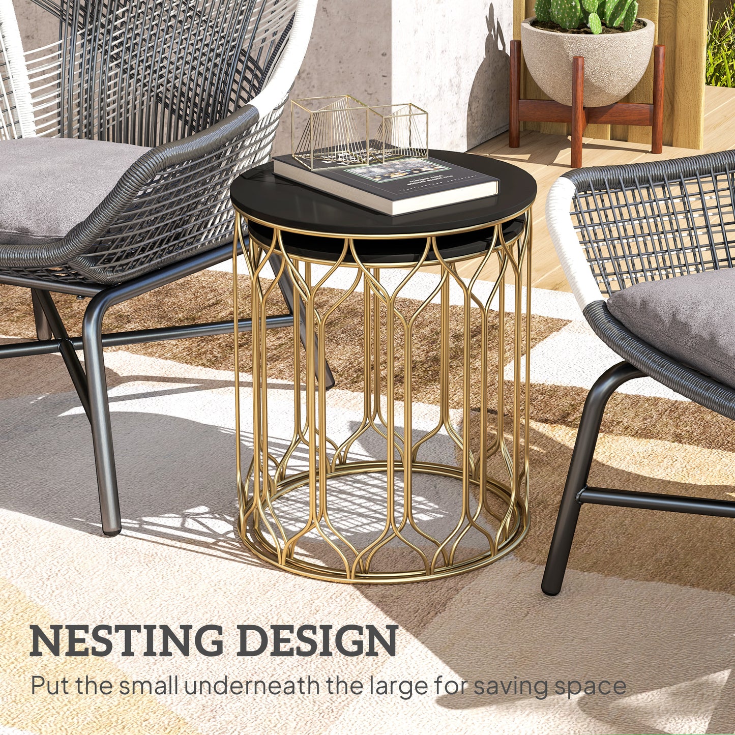 Loba Set Of 2 Metal Black Round Nesting Outdoor Coffee Tables With Ceramic Tile Tops