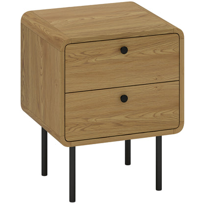 Fafile Lesu Oak Finish Wooden Bedside Table With 2 Drawers And Black Steel Legs