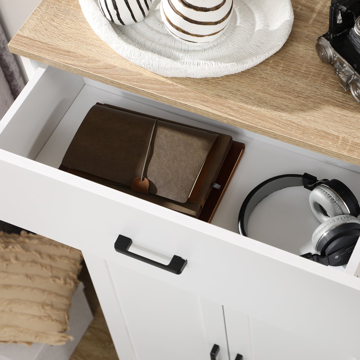 Yoelna 130cm Wooden White Nordic Kitchen Cabinet 1 Drawer 2 Doors And Open Counter