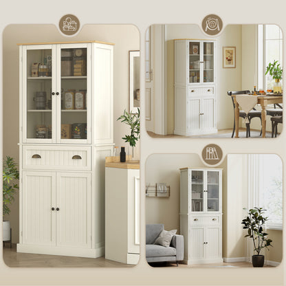 Fidozi Wooden Cream White 5 Tier Freestanding Kitchen Cupboard With Adjustable Shelves And Drawer