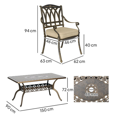 Dilara 6 Seater Bronze Cast Aluminium Garden Dining Set Rectangle Table Parasol Hole