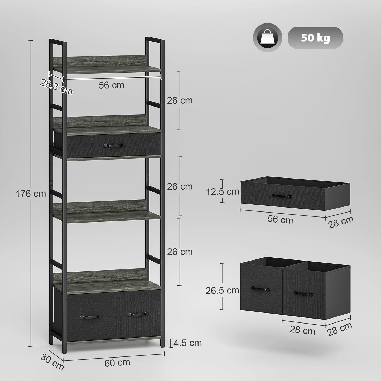 Laro Metal And Wood Grey And Black Industrial Bookcase With 4 Shelves And Fabric Drawers