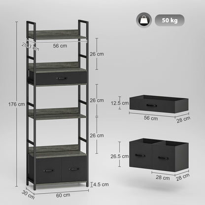 Laro Metal And Wood Grey And Black Industrial Bookcase With 4 Shelves And Fabric Drawers