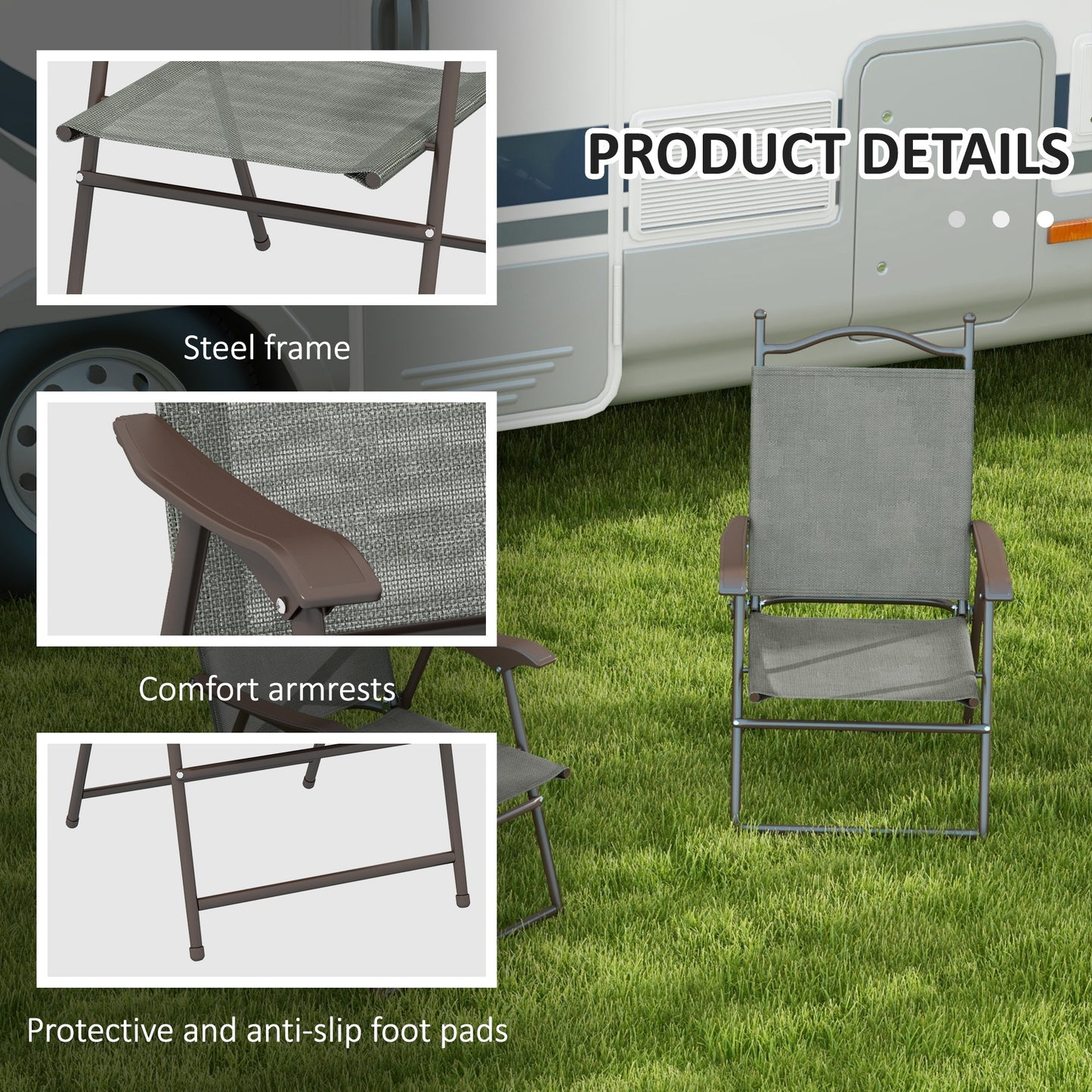 Rone Bari Set Of 2 Metal Dark Grey Folding Garden Chairs With Fabric Mesh Seats