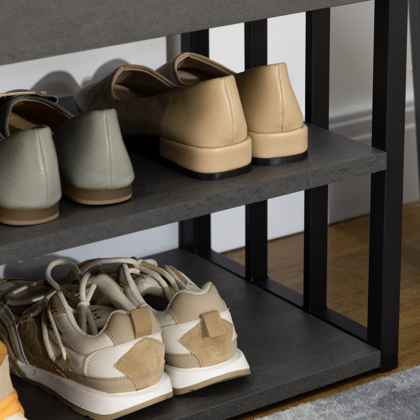 Vifava Neyo Grey Wood and Black Metal Upholstered Entryway Shoe Bench With 3 Shelves