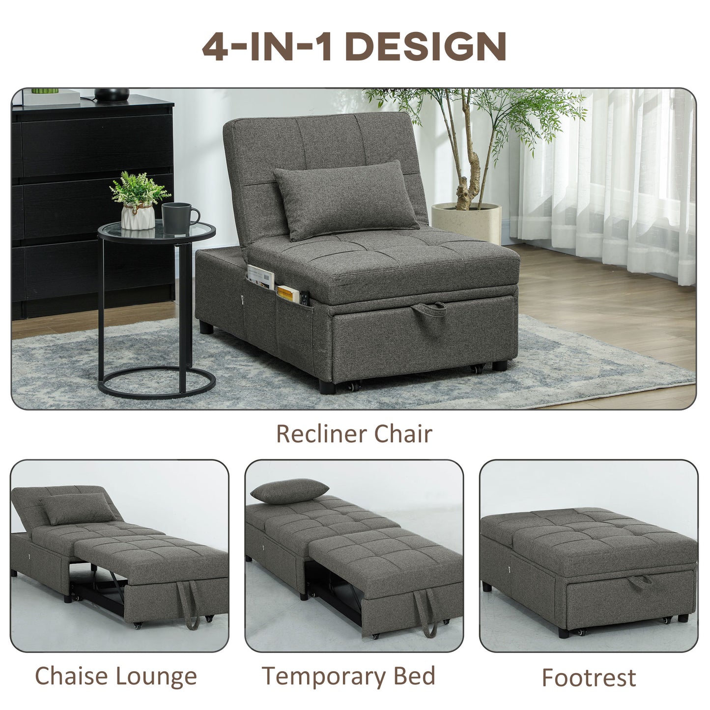 Lulusa Kela Fabric Dark Grey 4 In One Convertible Single Sleeper Chair