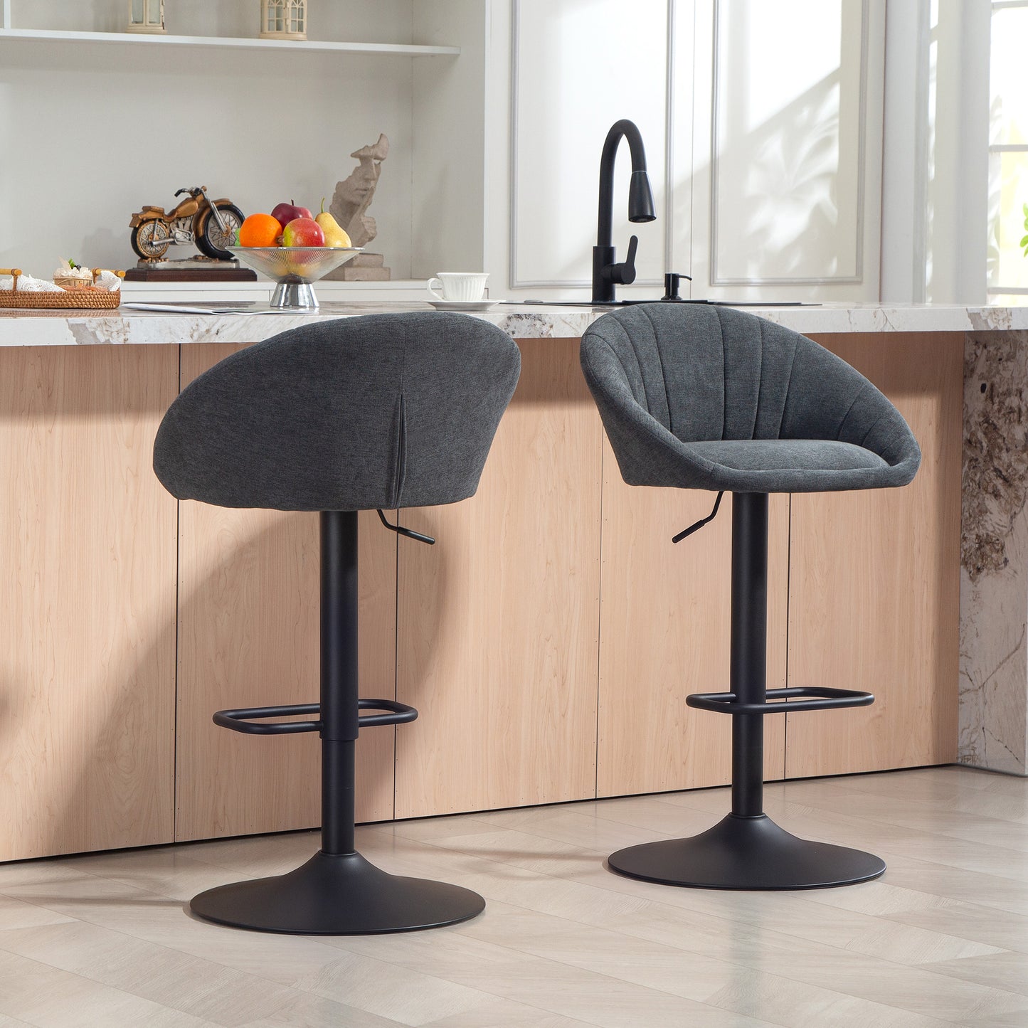 Elfare Dark Grey Fabric Relaxed Tub Bar Stools Set Of 2 With Curved Seat