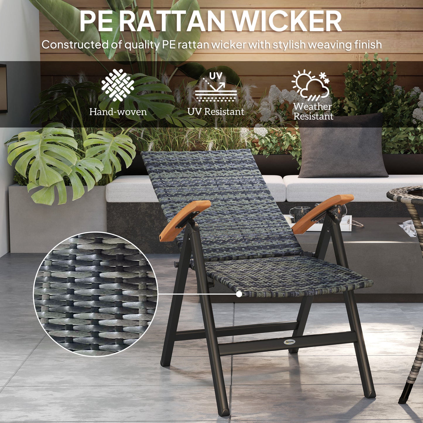 Coco Rattan Mixed Grey Folding Garden Dining Chair With High Back And Wood Armrests