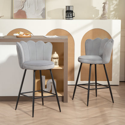 Ramette Velvet Grey Lotus Style Bar Stools Set Of 2 With Sculpted Seat