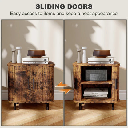 Pasaba Brown Nordic Bedside Table With Tambour Sliding Door And Metal Legs