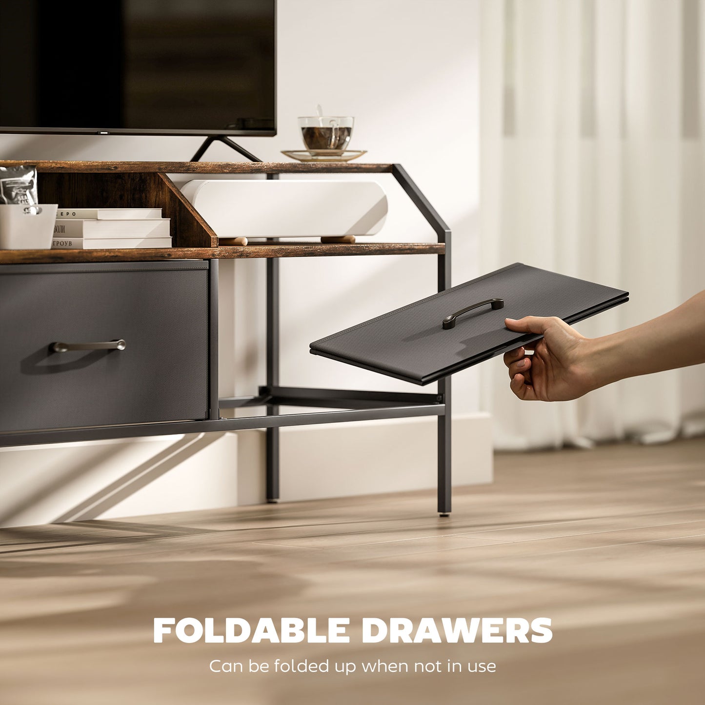 Avamira Small 98cm Black and Brown TV Stand With Foldable Drawers for TV's up to 55 Inches