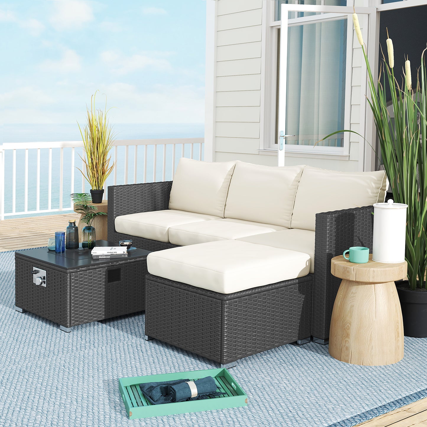 Misa Rattan Black And Cream 5 Piece Garden Furniture Set With Gas Fire Pit Table And Footstool