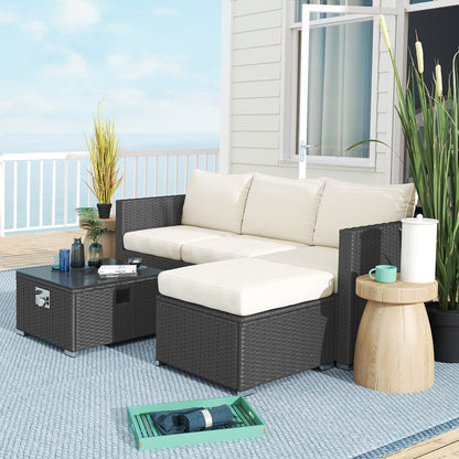 Misa Rattan Black And Cream 5 Piece Garden Furniture Set With Gas Fire Pit Table And Footstool