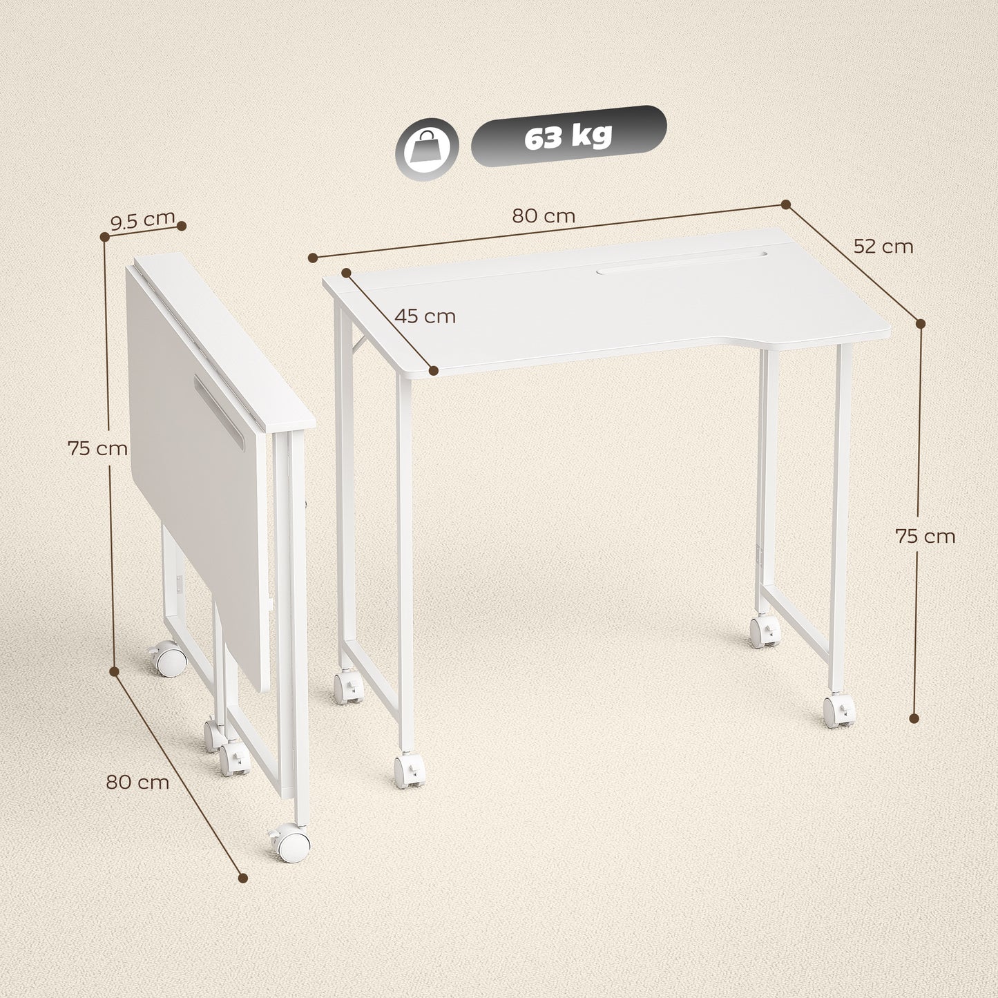 Veso 80cm Wooden White Folding Desk Lockable Wheels