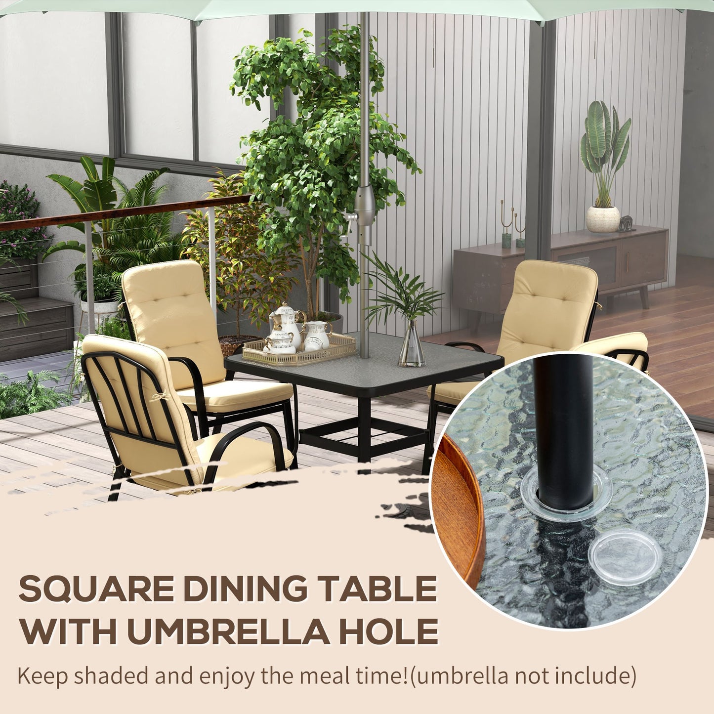 Sukeco Luve 4 Seater Cream Outdoor Square Garden Dining Set with Tempered Glass with Umbrella Hole