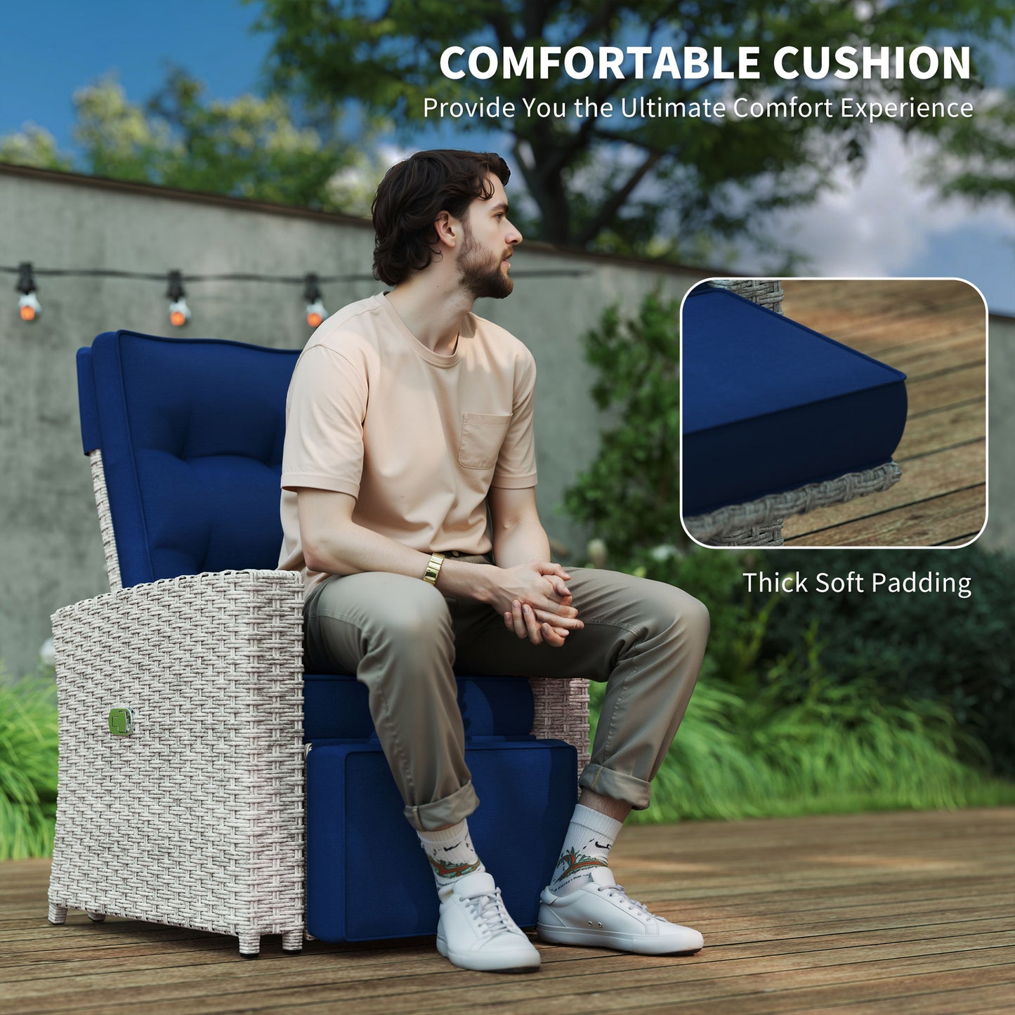 Kalec Grey Rattan Navy Blue 4 Seater Outdoor Sofa  Set With Glass Coffee Table