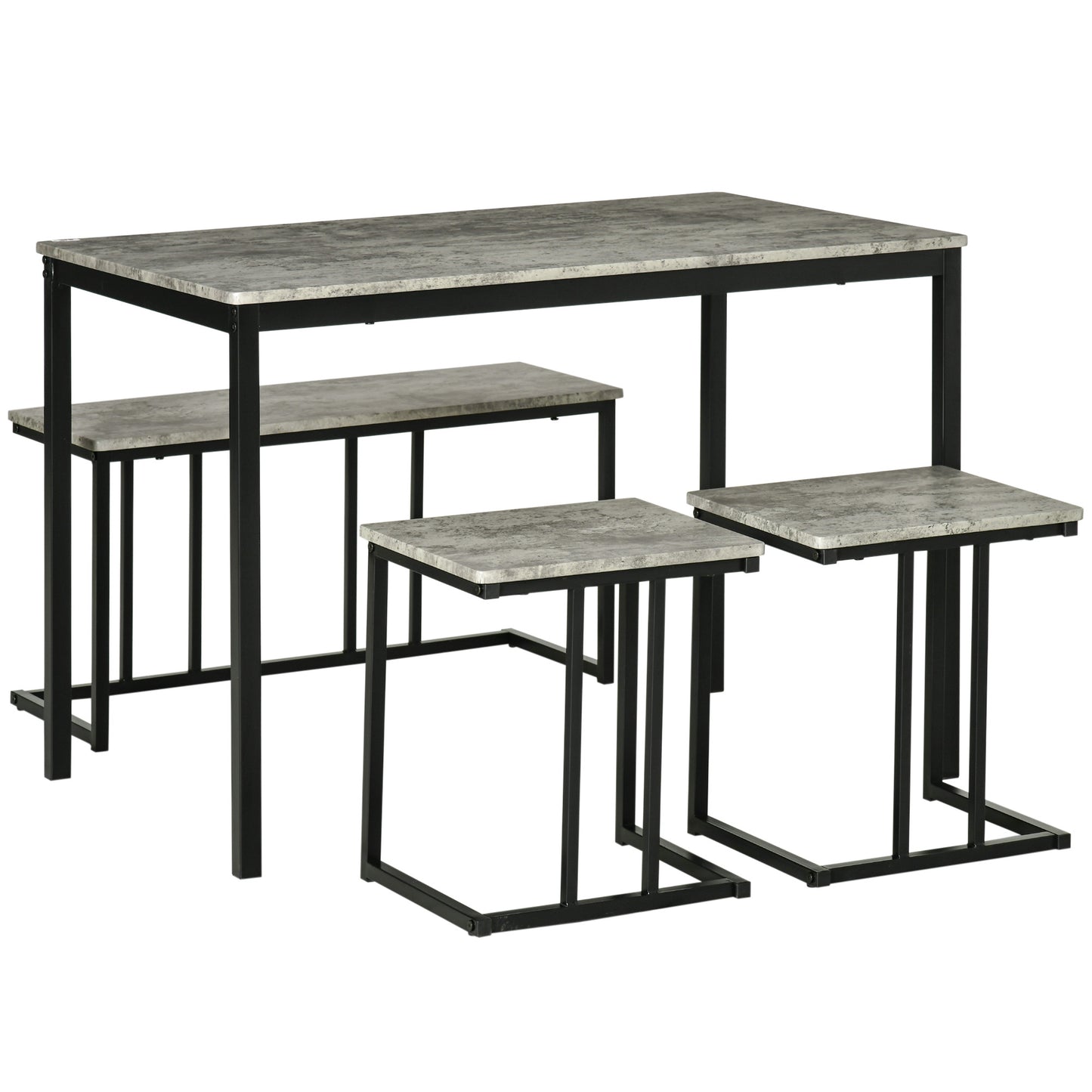Suroso Metal And Wood Grey Concrete Effect Dining Table And Bench Set For 4