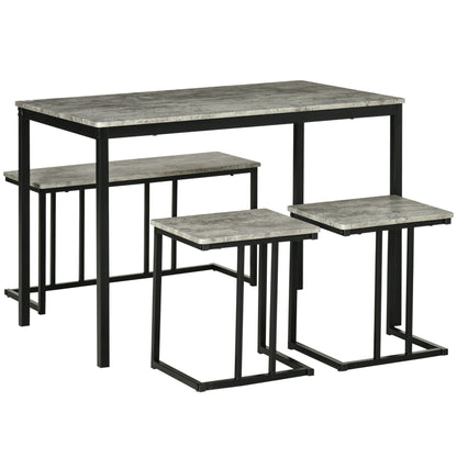 Suroso Metal And Wood Grey Concrete Effect Dining Table And Bench Set For 4
