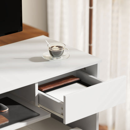 Lohalu 100cm Wooden White Compact Home Office Desk With Keyboard Tray And Drawer Storage